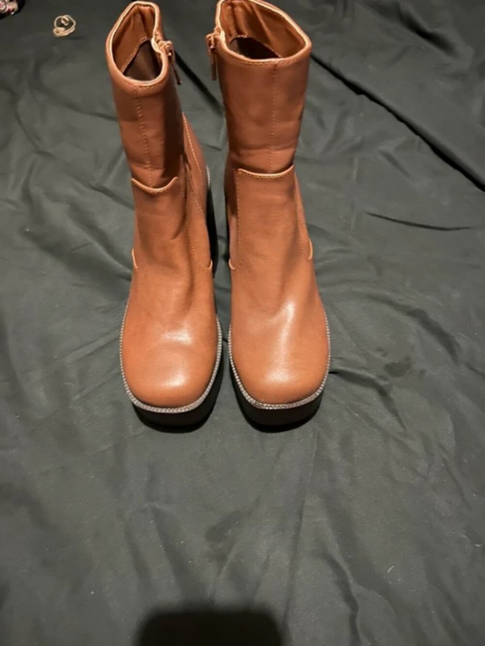 Cognac Brown Platform Square Toe Chunky Block Heel